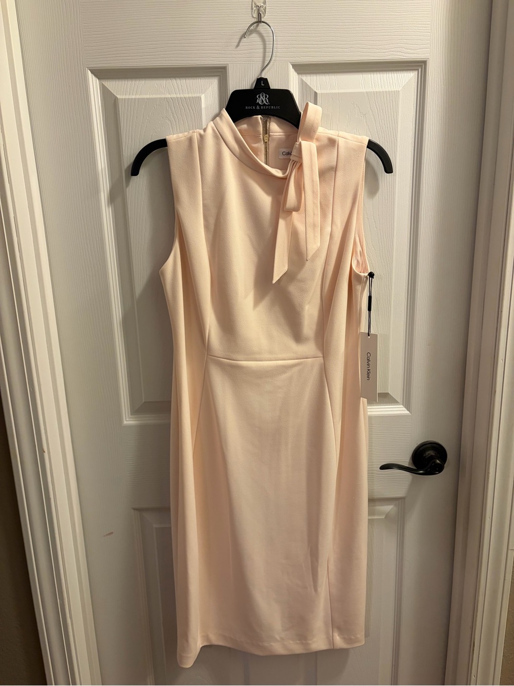 Calvin Klein Sleeveless Tie-Neck Sheath Dress in Pale Blush